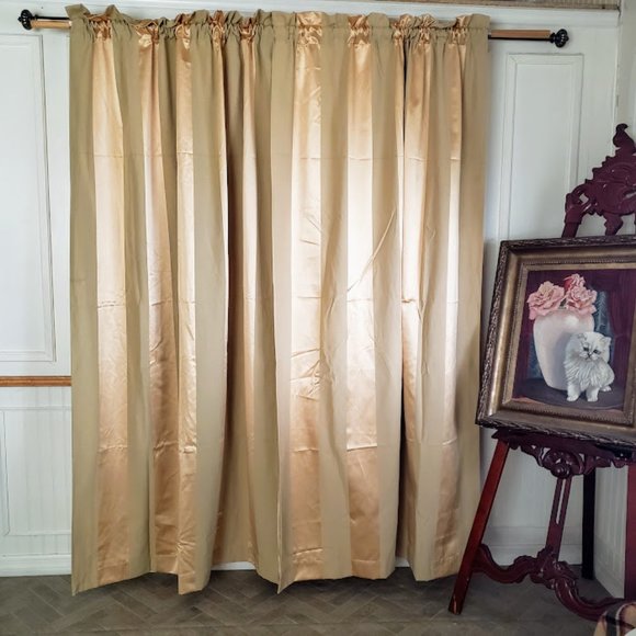 Country Curtain Panels (2) Light Gold Satin Stripe 99W x 84L Cotton Blend Lined  - Picture 1 of 10